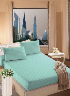 Buy Sky Blue Striped Design Bed Sheet Set Deep Pocket Machine Washable 150x200+25cm in UAE