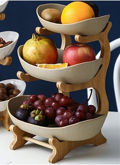 Buy Elegant 3-Layer Ceramic Serving Bowl Fruit Tray Matte Finish With Bamboo Wood Rack Stand Buffet Set Party Plate Dried Fruit Nuts Cake Snacks Candy Biscuit Appetizer Plate - Beige in UAE