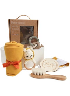 Buy Baby Boy Gift Set New Born Shower Gifts, Baby Essentials Basket Stuffers Baby Bath Set with Muslin Baby Blanket, Teething Toys, Drool Towel, Wood Brush & Rattle, Newborn Welcome Baby Gift Box Set in Saudi Arabia