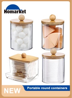 Buy 4 Pack Qtip Holder Dispenser with Bamboo Lids - 10 oz Clear Plastic Apothecary Jar Containers for Vanity Makeup Organizer Storage - Bathroom Accessories Set for Cotton Swab, Ball, Pads, Floss in UAE