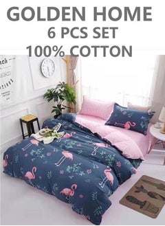 Buy 6-Piece Single Size Cotton Printed Combination Duvet Cover Set Includes 1xFitted Bedsheet 120x200+30cm, 1xDuvet/Bed Cover 160x210 cm, 2xPillowcase 55x80cm, 2xCushion Case 45x70cm Multicolour in UAE