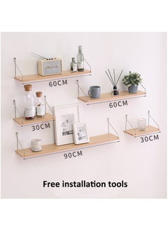 Buy 5-Piece Home Book Shelves Set Floating Shelves for Wall Hanging Wood Shelf Wooden Shelves with Metal Brackets Hanging Shelf Wall Organizers for Home Wood Color Free Installation Tool in Saudi Arabia