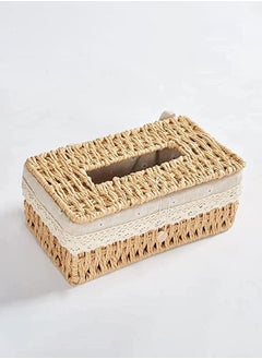 اشتري Hometaste Handwoven Rattan Tissue Box Cover - Vintage Rectangular Napkin Holder For Home, Car, And Office Decor (Beige) في الامارات