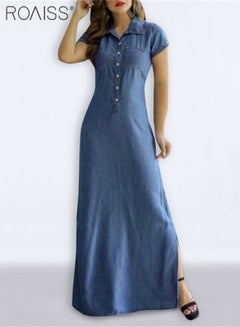 Buy Women's Casual Denim Shirt Dress Loose Fit Button Closure Denim Dress With Pockets On Both Sides Lightweight Long Dress in UAE