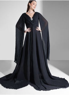 Buy Hadia Ghaleb Pleated Twist Front Dress With Exaggerated Sleeves in UAE