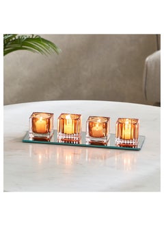 Buy Blenko 4-Piece Tealight Holder Set with Mirror Glass Tray 28 x 6 x 11 cm in Saudi Arabia