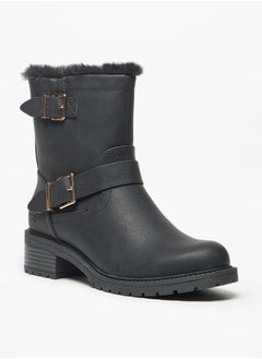 Buy Women's Solid High Shaft Boots with Faux Fur Detail in UAE