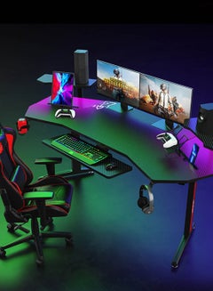 اشتري Large Gaming Desk with LED Light Keyboard Tray Tower Stand Gaming Desk for Streaming في السعودية