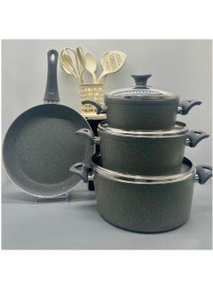 Buy Fancy Design Granite Cookware Set With 14-Piece Cooking Spoon And Frying Pan Set Marble Black/Silver in Saudi Arabia