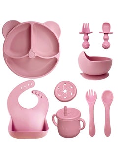 Buy Complete 8-Pieces Silicone Baby Crockery Set, BPA Free Baby Tableware Set with Soft Silicone Bib and Utensils in UAE