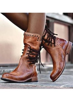 Buy Womens Rivet Lace Up Rear Zipper Boots Vintage Boots Brown in Saudi Arabia