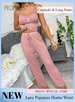 Buy 2 Piece Set Women Loungewear Ladies Lace Solid Color Pajama Set Casual Suspender Long Pants for Comfortable Home Wear in UAE