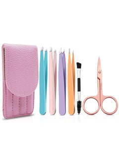 اشتري Tweezers Set-6 Pieces Professional Stainless Steel Tweezers with Leather Case for Women and Men Slanted and Pointed for Eyebrows في الامارات