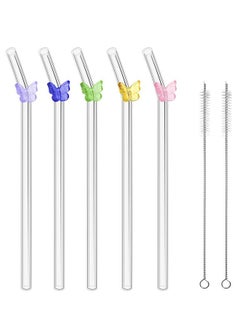 Buy 5 Pcs Butterfly Reusable Glass Straws with 2 Straw Cleaning Brushes in Saudi Arabia
