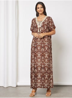 Buy Jalabiya In Abstract Print With Lace And Tassel Embellishments in UAE