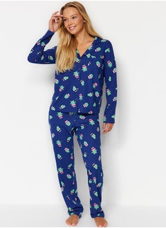 Buy Navy Blue 100% Cotton Cactus Patterned Shirt-Pants Knitted Pajamas Set THMAW24PT00002 in Egypt