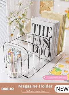 اشتري Magazine Holder with Pen Holder, Clear File Organizer with Handle, Desk Accessories Organizers with 4 Compartments, Large Capacity Bookends, Desktop Book Storage for Home, Office, School في الامارات