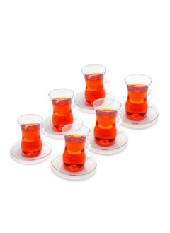 اشتري 100ml Each Turkish Tea Glasses Cups and Saucers Set of 6 Teacups with Handle Borosilicate Glass - Heat Resistant - Light Weight في الامارات