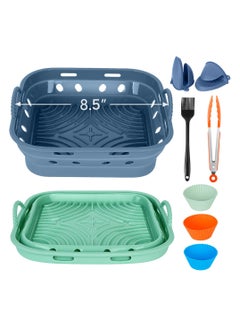 Buy 2-Pack Reusable Silicone Air Fryer Liners, Kitchen Kit, Foldable 8.5 Inch, Heat Resistant with Tongs, Brush, Mitts, Muffin Cups (Blue & Green & Orange) in Saudi Arabia