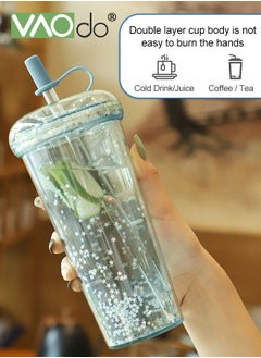 Buy Double-Layer  Water Bottle with Straw Sequins Suitable for Milk Water Coffee Juice Water Cup Blue in UAE