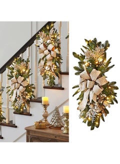 Buy Prelit Christmas Swag Wreath, 23.6in Cordless Stairs Artificial Christmas Garland with String Light Wall Door Window Hanging Teardrop Swag Bowknot Hanging Ornaments Gold in UAE