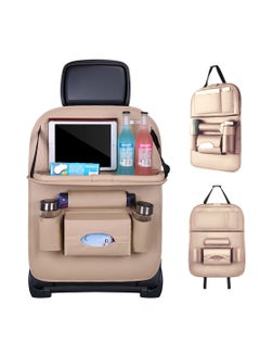 Buy Leather Car Seat Back Storage Bag with Foldable Table Tray Beige in UAE