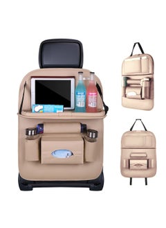 Buy Leather Car Seat Back Storage Bag with Foldable Table Tray Beige in UAE