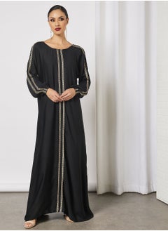 Buy Jersey Abaya With Contrasting Panel And Front Embroidery in Saudi Arabia