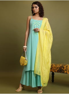 اشتري Printed Strappy A-Line Kurta and Pleated Flared Pant with Sequin Detail Dupatta Set في السعودية