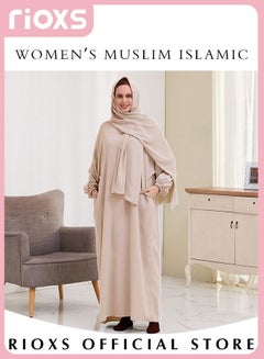 Buy Muslim Islamic Women's Full Cover Solid Plus Size One-Piece Prayer Dress Islamic Maxi Kaftan with Hijab Full Length Dress in UAE