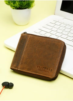 اشتري Genuine Leather RFID Solid Zip Around Brown Wallet for Men في الامارات