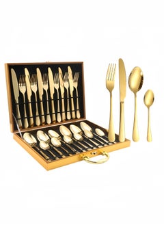 Buy 24-Piece Stainless Steel Cutlery Set with Portable Wooden Box Golden in Saudi Arabia