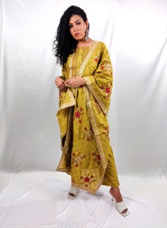 Buy PRIYA'S PANACHE Designer Mustered Yellow Silk Straight Kurta Pant Dupatta Set - Festival Traditional Ethnic Indian Partywear For Women in UAE