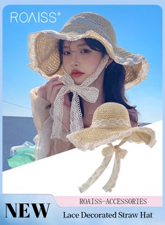 اشتري قبعة شمس كبيرة ومرنة، قبعة قش صيفية للنساء في الشاطئ، قابلة للطي، مزينة بحاشية دانتيل مفرغة وحزام للذقن، ذات حافة واسعة، باللون البيج في الامارات