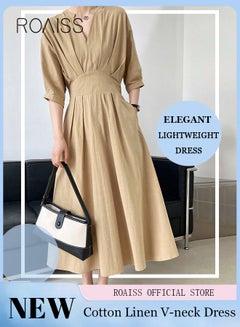 Buy Women's Dress Lightweight V-neck Vintage Cotton Linen Waist-Cinching Dress Covering Hip Mid-length Skirt in UAE