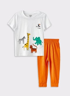 Buy Crew Neck Short Sleeve Printed Cotton Baby Boy T-Shirt and Trousers 2-Piece Set in Saudi Arabia