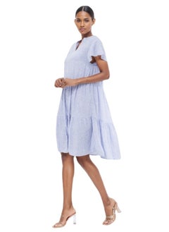 اشتري Short Sleeve V-Neck Tiered Babydoll Dress - Light Blue في الامارات