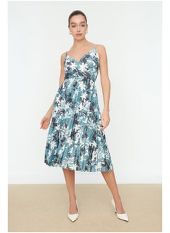 Buy Mint Floral Print Open Waist/Skater Midi Double Breasted Pleated Straps Flexible Knit Dress TWOSS20EL2729 in Egypt