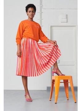 Buy Women Stripe Pleated A,Line Skirt, Pink and Orange Combo in UAE