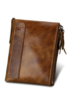 Buy Men's Genuine Leather Wallet RFID Blocking Bifold Casual Wallet with Zipper Coin Pocket Large Capacity Zip Casual Men Purse Business Leisure Wallet for Father Husband Boyfriend Son Gift Brown in UAE