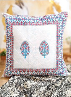 Buy Cyan And Pink Quilted Cotton Handblock Printed  Cushion Cover 65 Cm X 65 Cm in UAE