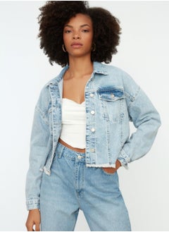 Buy Fringed Hem Crop Denim Jacket in UAE