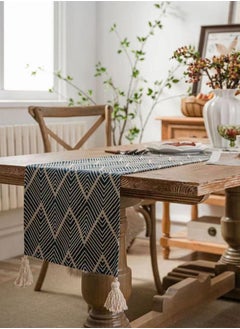 Buy 1-Piece Jacquard Striped Tassel Fashion Tablecloth Suitable for Table and Side Cabinet Yarn-Dyed  Blue/Beige 33 x 180 Centimeter in UAE