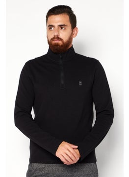 Buy Men High Neck Textured Long Sleeves Sweatshirt, Black in UAE