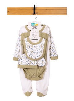 Buy Babiesbasic 5 piece unisex 100% cotton Gift Set include Bib, Romper, Mittens, cap and Sleepsuit/Jumpsuit- Be Happy in UAE