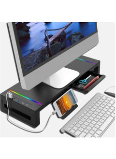 اشتري RGB Monitor Stand Riser Laptop Holder with 4 USB Hubs Storage Drawer and Phone Holder for Office Work في السعودية