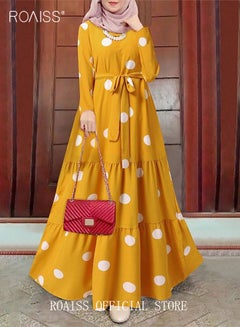 Buy Women's Dress Long Sleeve Vintage Polka Dot Print Robe Long Skirt with Belt Big Hem Islamic Muslim Clothing in UAE