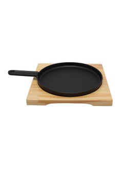 اشتري 20cm Round Cast Iron Skillet With Side Handle And Wooden Base | Roasting Pan for Cooking And Grilling | Oven Safe Cast Iron Pan في السعودية