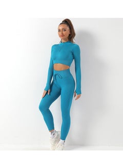 Buy 2 Pcs Workout Sets for Women Blue Yoga Long Sleeve Crop Tops Ribbed High Waist Leggings in Saudi Arabia