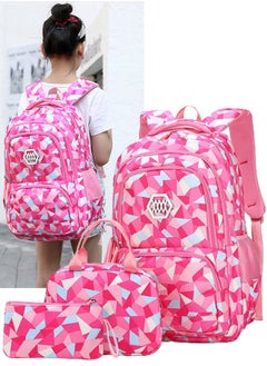 اشتري 3PCS School Bags Children School Backpack Geometric Print Backpack School Bags For Teenagers Large Capacity Backpack Waterproof Backpacks 3 in 1 School Bag Lunch Bag and Pencil Case (Pink) في السعودية